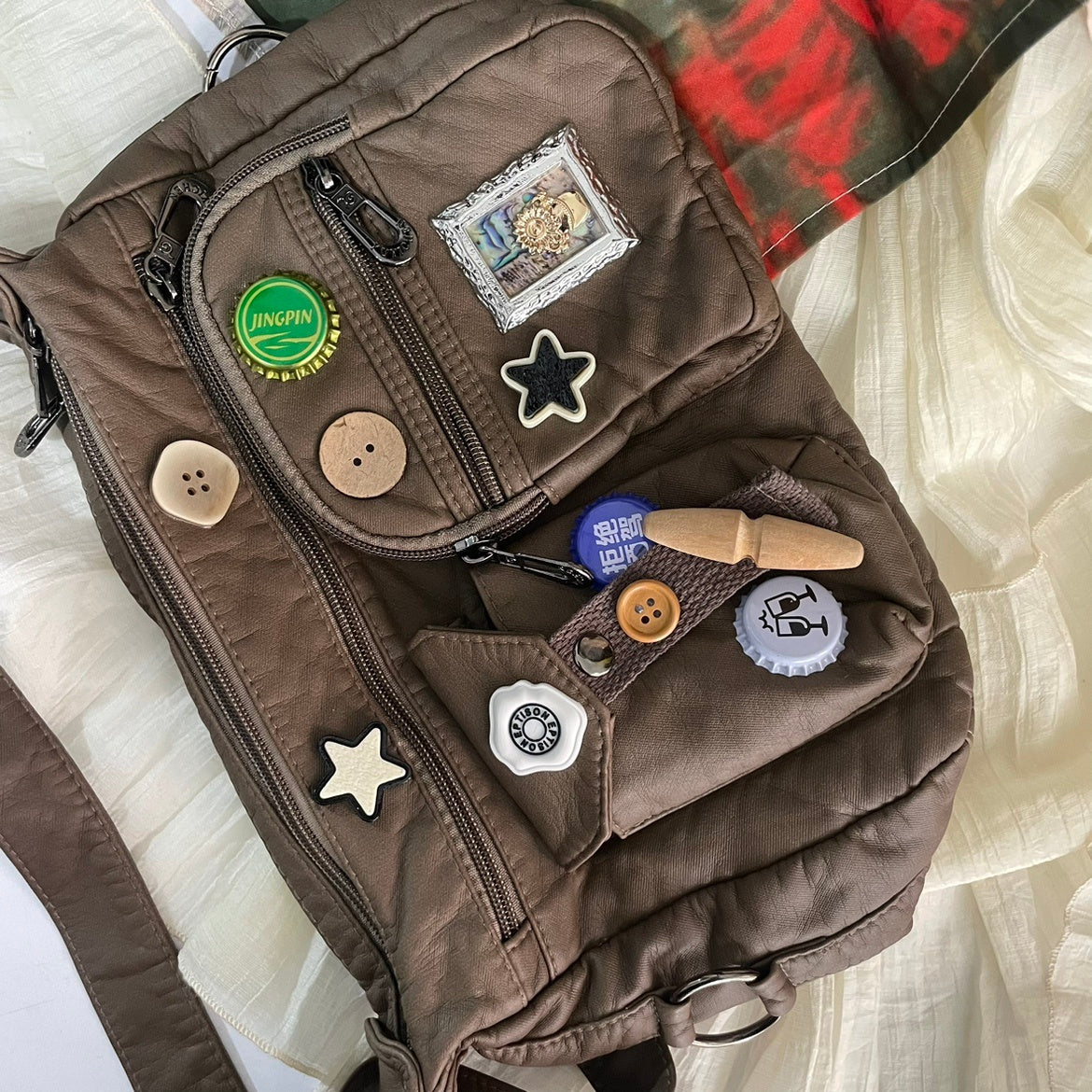 Vintage Button Bottle Cap Patch Messenger Distressed Crossbody Bag