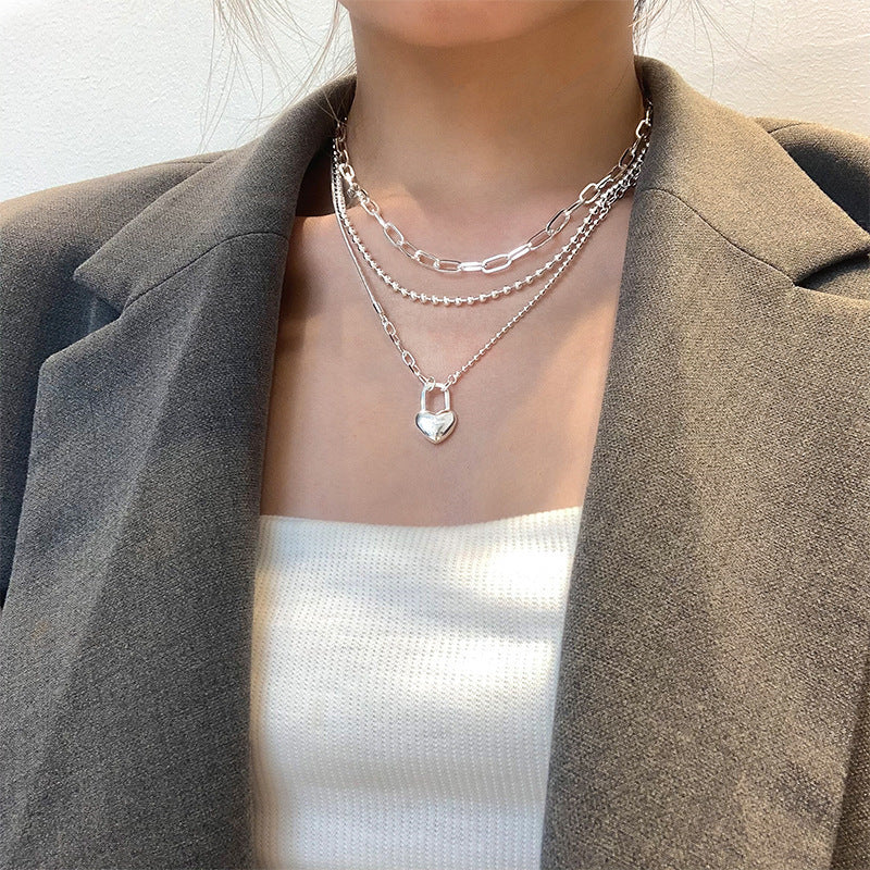 Collar con candado en forma de corazón y cadena de doble capa para mujer en plata de ley S925