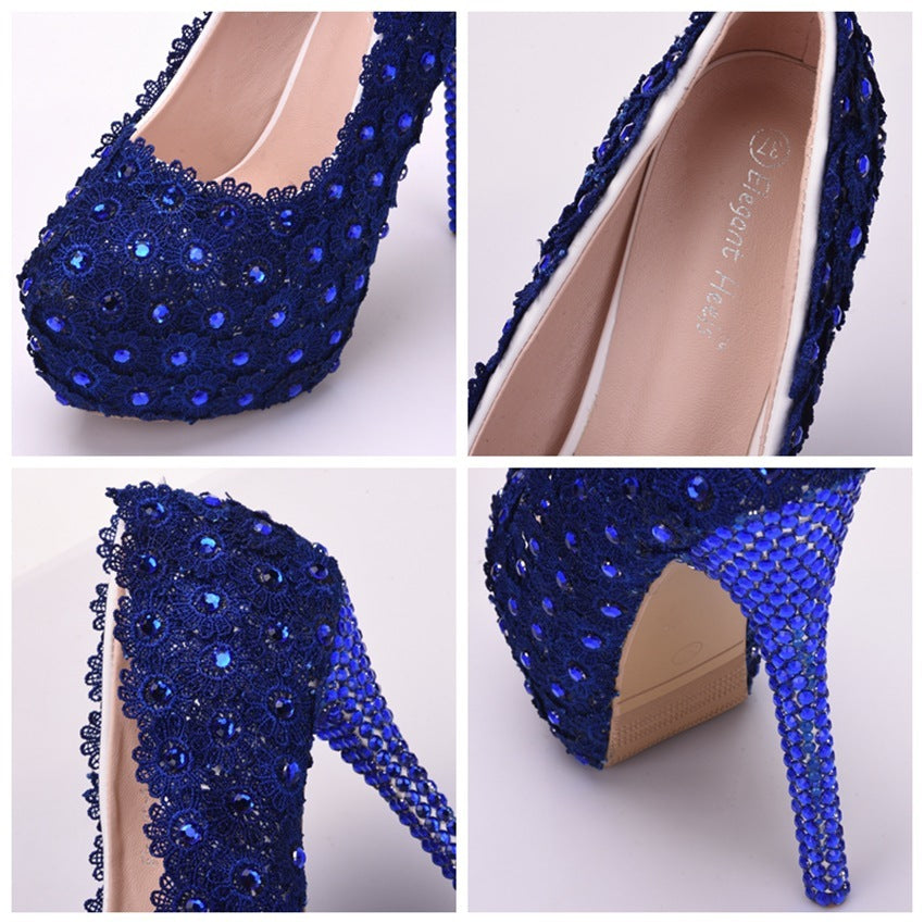 Zapatos de boda de encaje Zapatos de encaje azul con diamantes de imitación