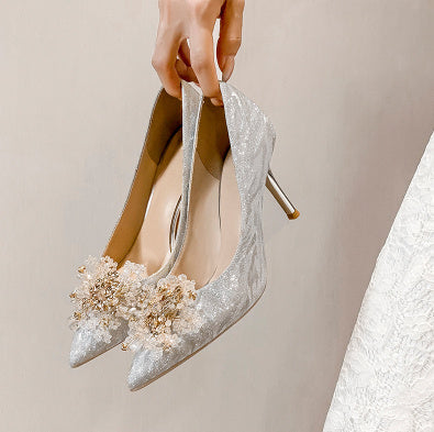 Zapatos de moda con lentejuelas para banquetes, puntiagudos, para bodas Xiuhe