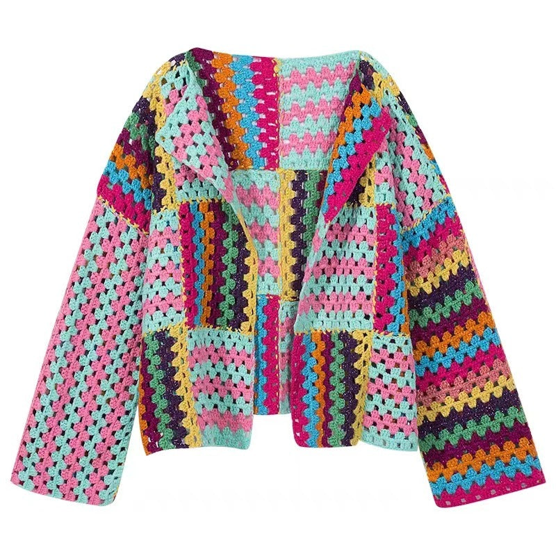 Pull tendance à rayures arc-en-ciel avec crochet et fleur, manteau ample