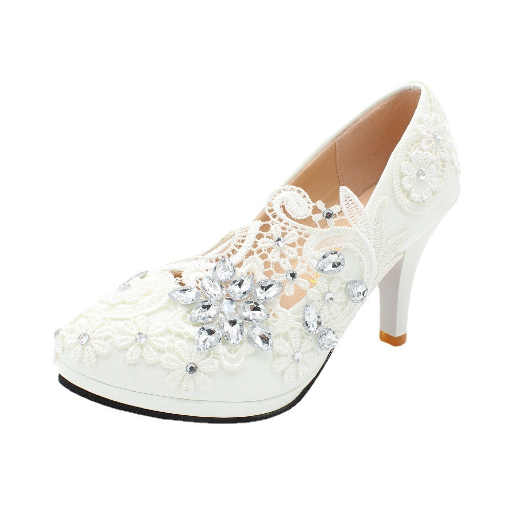 Zapatos de boda blancos de tacón alto con punta redonda y encaje de diamantes de imitación