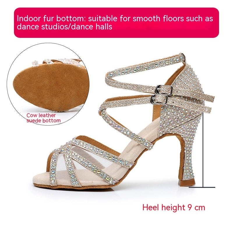 Diamond Latin Dance Shoes Women's Sandals Professional Soft Bottom Dance Shoes Mid-high Heelindoor