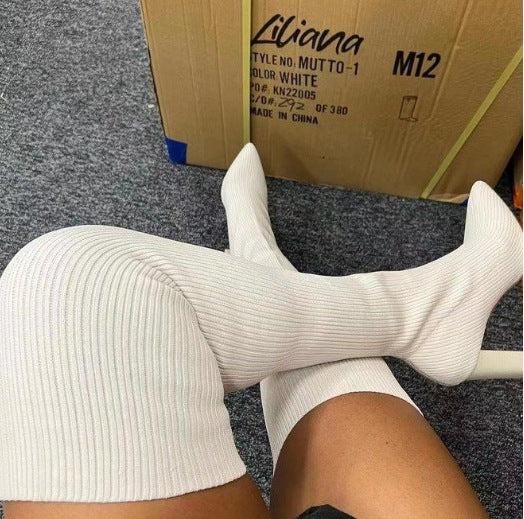 Botas de punto por encima de la rodilla con tacón grueso para mujer europea y americana