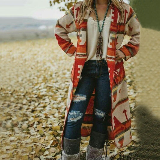 Slim Top Cross-border Long Sleeve Printed Long Coat