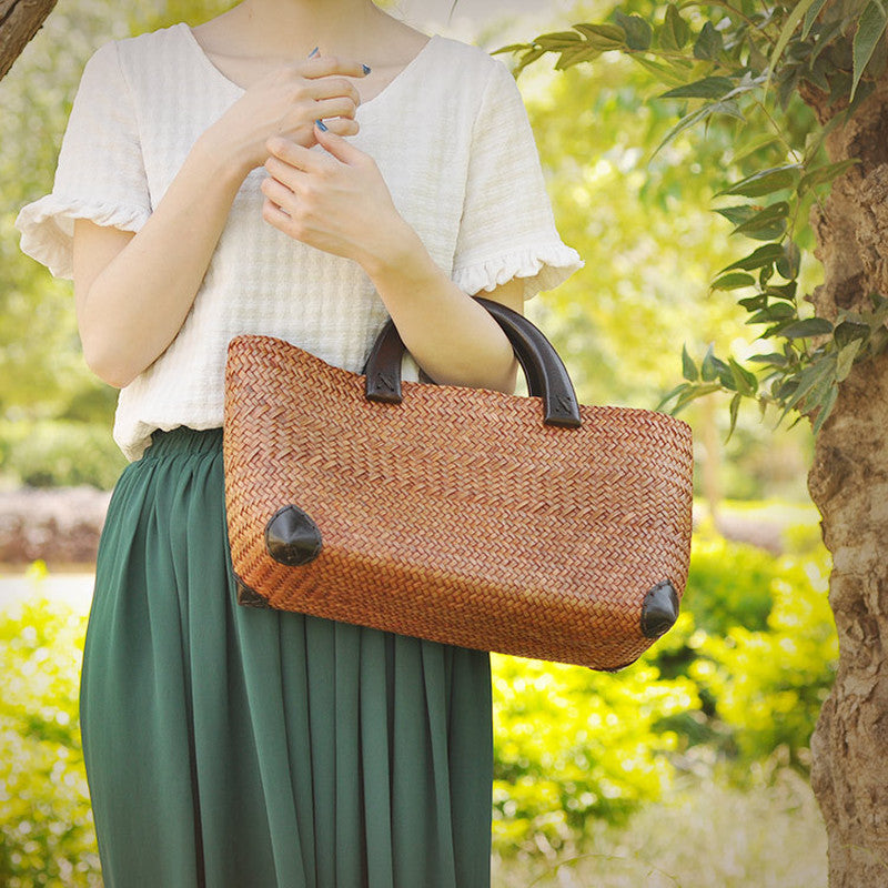 Bolso de mano de mujer, estilo retro, con almacenamiento, de paja de ratán, para viaje