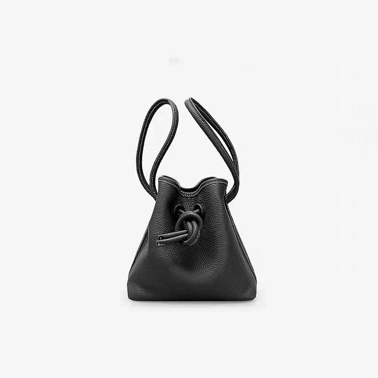 Niche Lychee Grain Top Layer Cowhide Bucket Bag With Drawstring