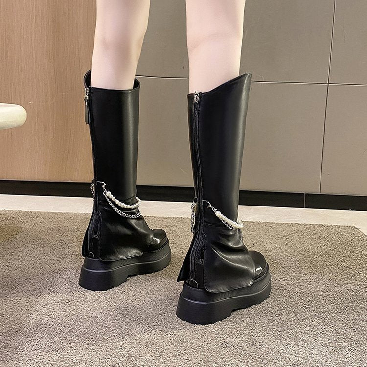 High 10cm Inner Heightening Pant Leg Boots Pearl Chain But Knee Knight Boots