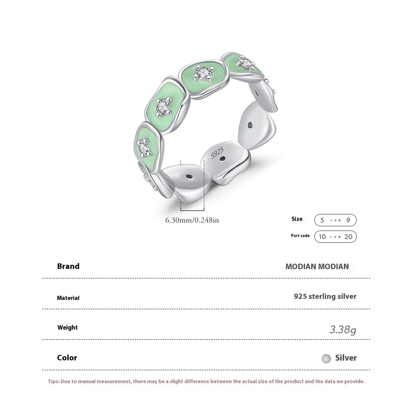 Anillo de plata de ley S925 con diseño avanzado de diamantes irregulares en forma de gota esmaltada en verde menta