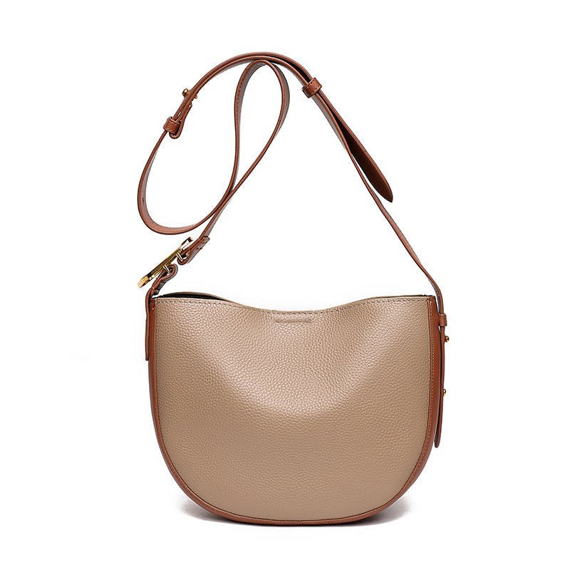 Leather Contrast Broadband Crescent Bucket Bag