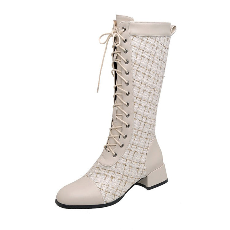 Euro-american Style Large Size Splicing Lace-up High Boots For Women