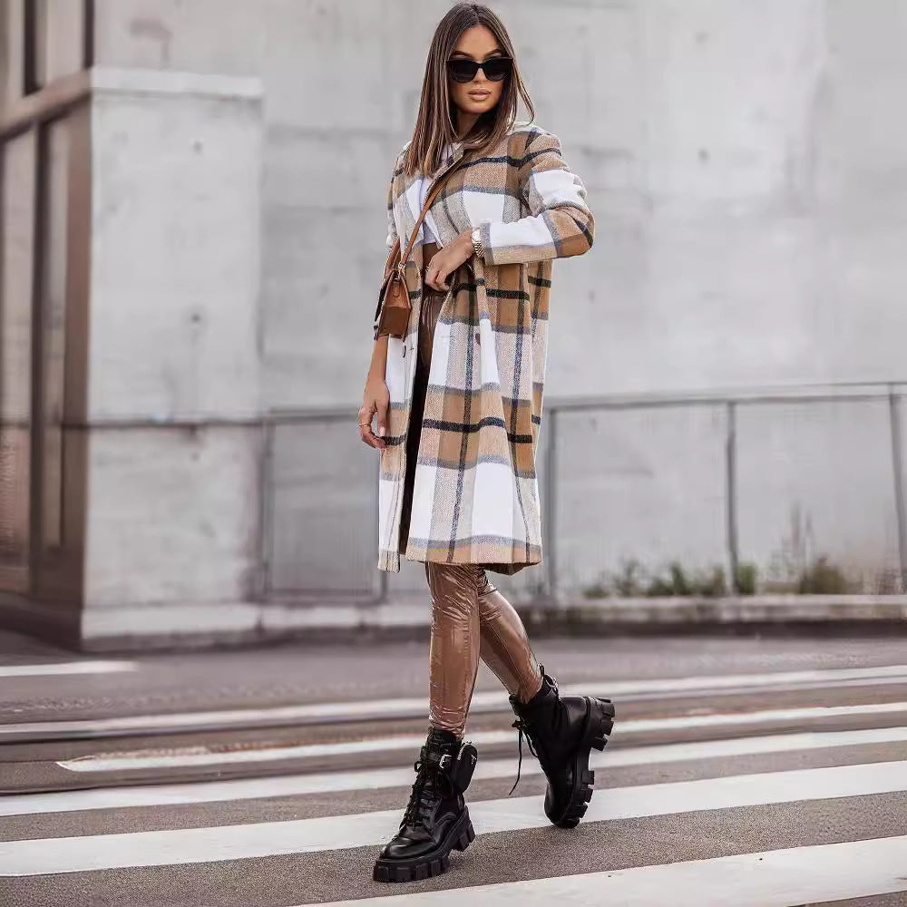 European And American Fall Winter Fashion Brushed Mid-length Plaid Wool Coat