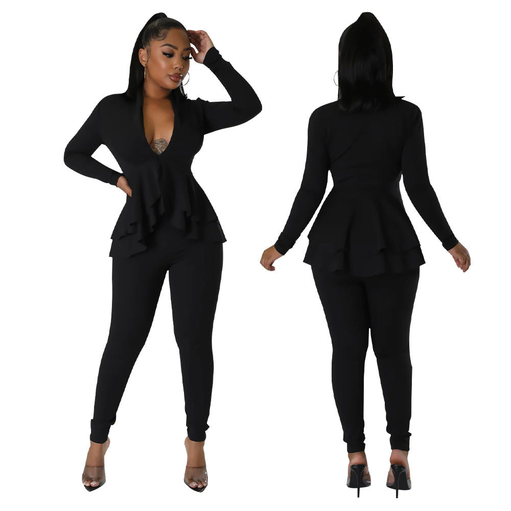 V-neck Flounce Long Sleeve Pencil Pants Suit