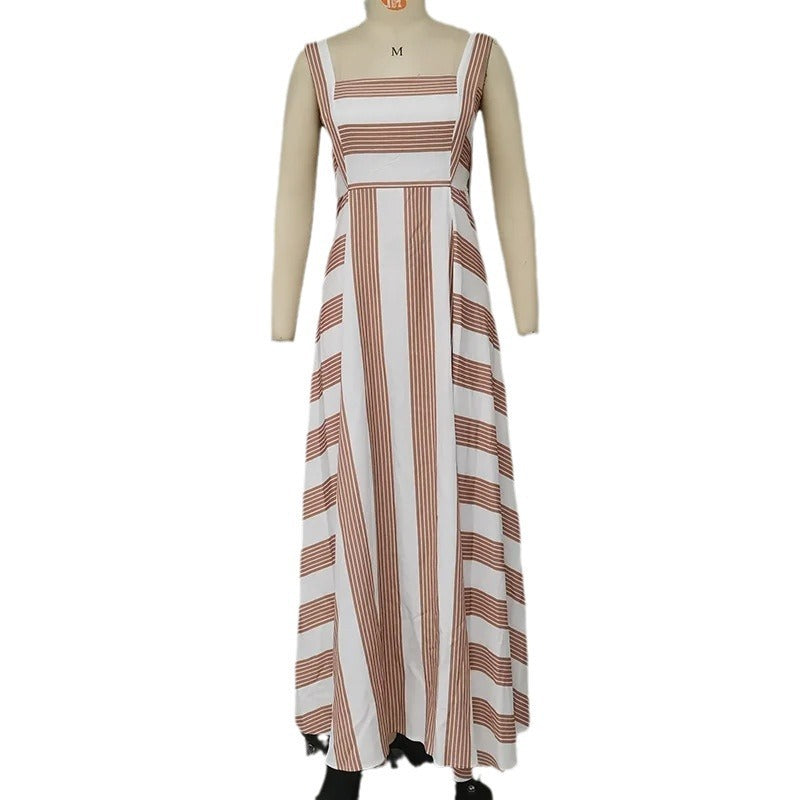 Fashion Striped Printed Simple Comfortable Sling Long Dress