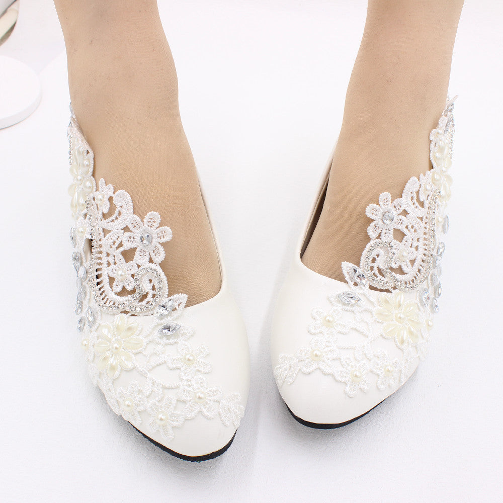 White High-heeled Wedding Shoes Lace Rhinestone Bridal