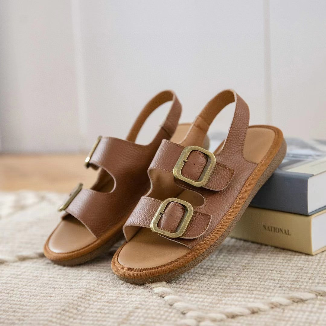 Women's Flat Cool First Layer Cowhide Soft Bottom Belt Buckle Beach Outer Wear Ankle-strap Sandals