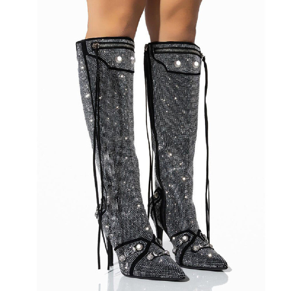 Needle Buckle Rhinestone Oversized Boots