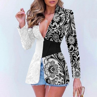 Women's Printed Contrast Color Lapels Blazer