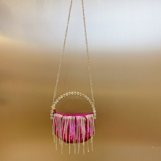 Bolso bandolera mini plisado con borlas de diamantes de imitación