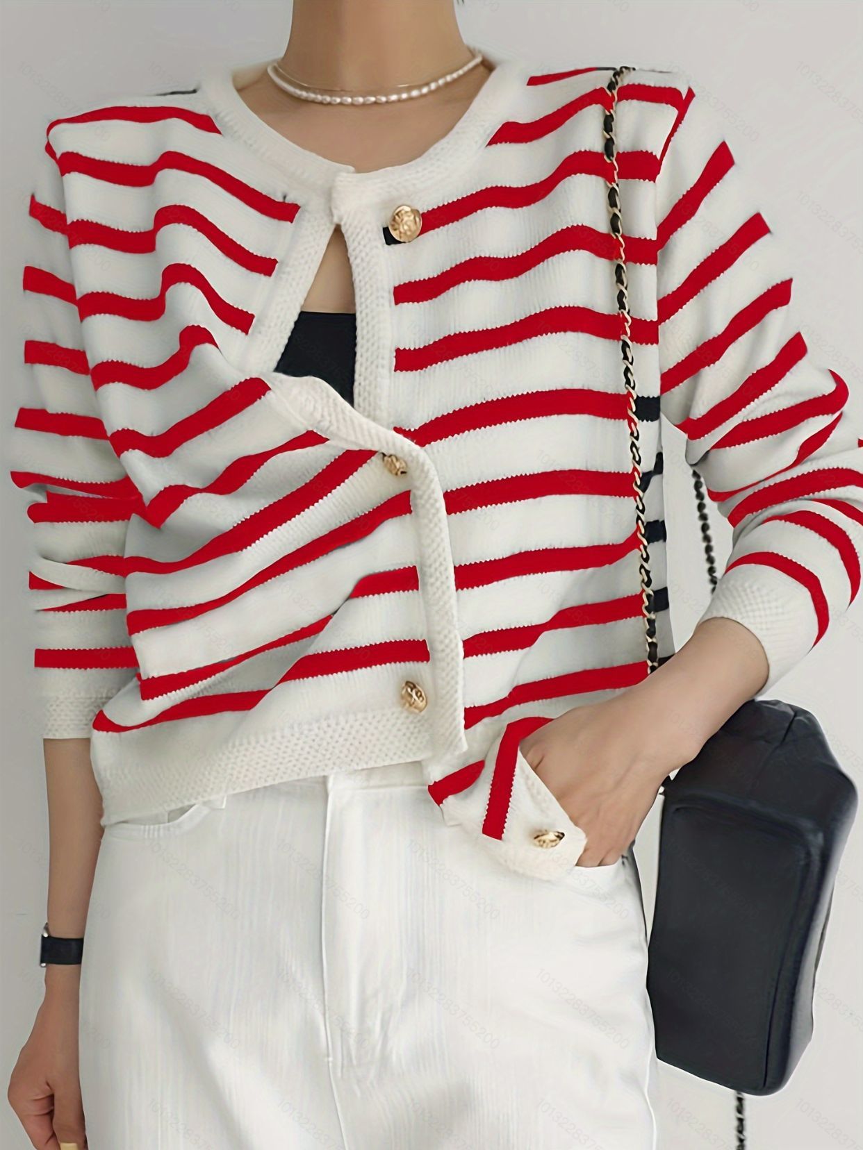 Black And White Striped Knitted Cardigan Jacket