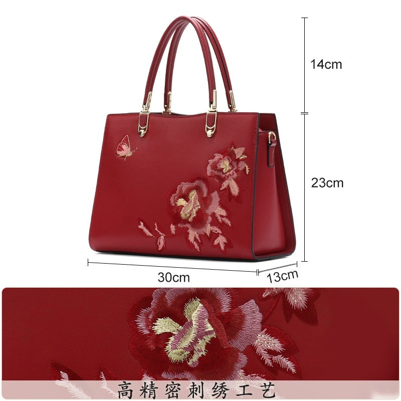 Chinese Peony Butterfly Leather Graceful And Fashionable Large Capacity Embroidery Texture Diana Bag