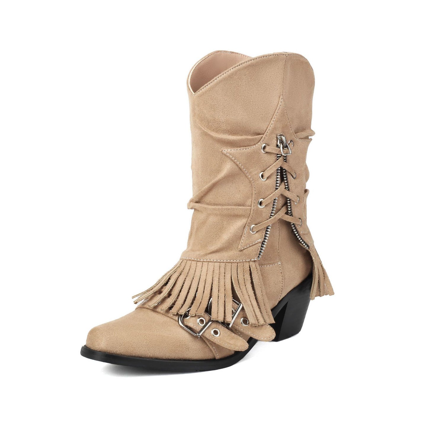 Botas de mujer con forro polar y hebilla con borlas y pliegues