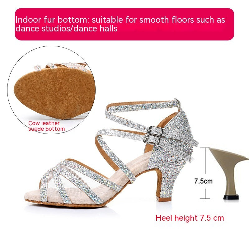 Diamond Latin Dance Shoes Women's Sandals Professional Soft Bottom Dance Shoes Mid-high Heelindoor