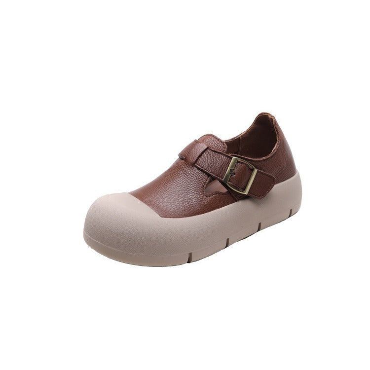 Women's Fashion Round Head Handmade Leather Buckle With Velcro Flat Shoes