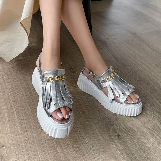 Women's Thick-soled Sandals With Small Height Increasing Tassels Summer