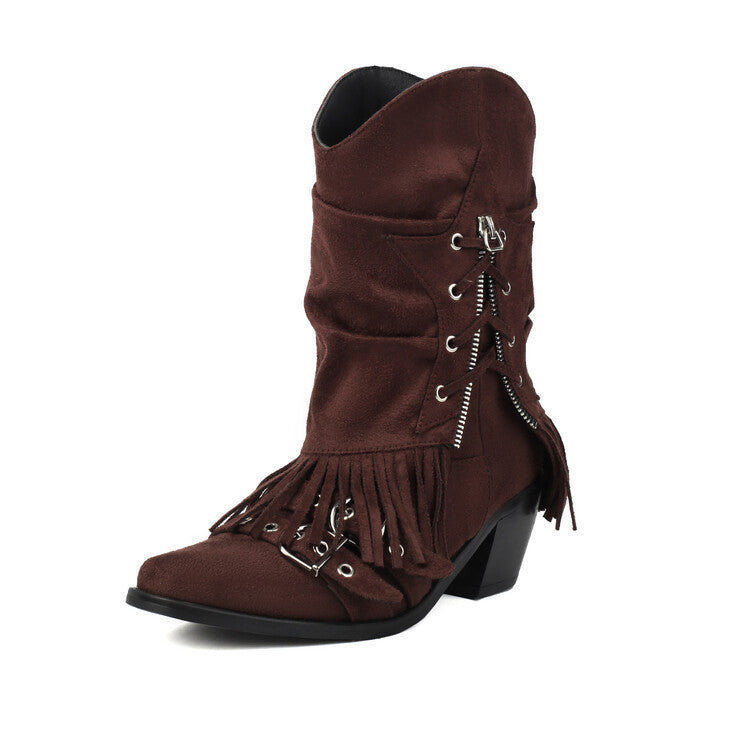 Botas de mujer con forro polar y hebilla con borlas y pliegues