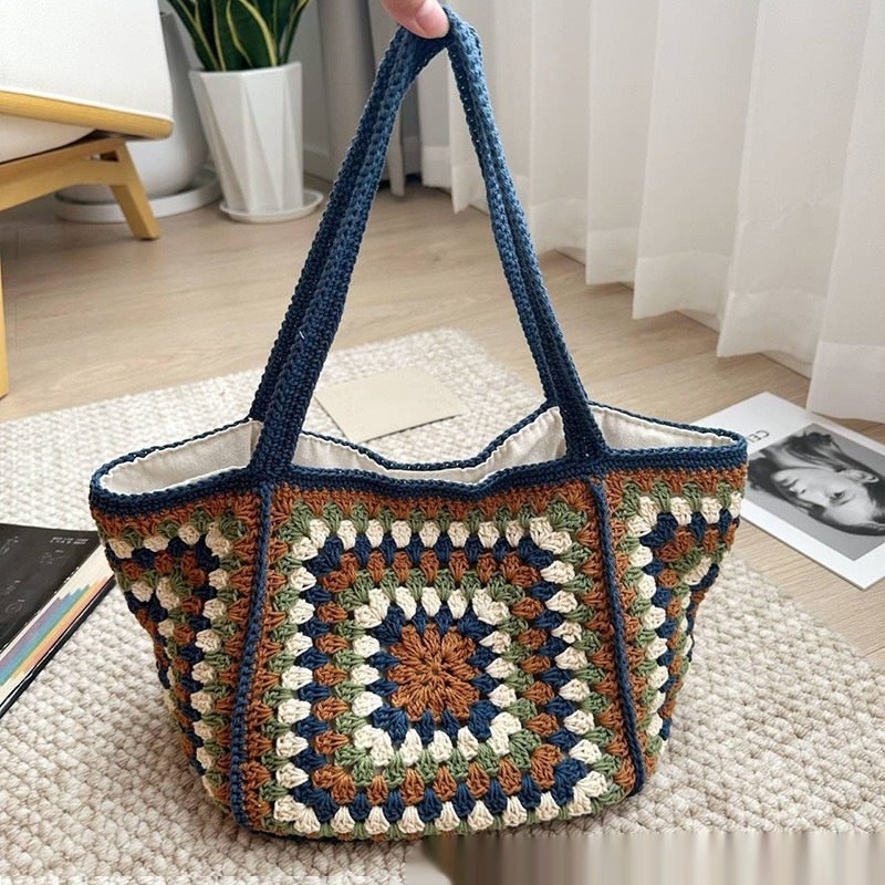 Grandma Grid Straw Bag Photo Storage