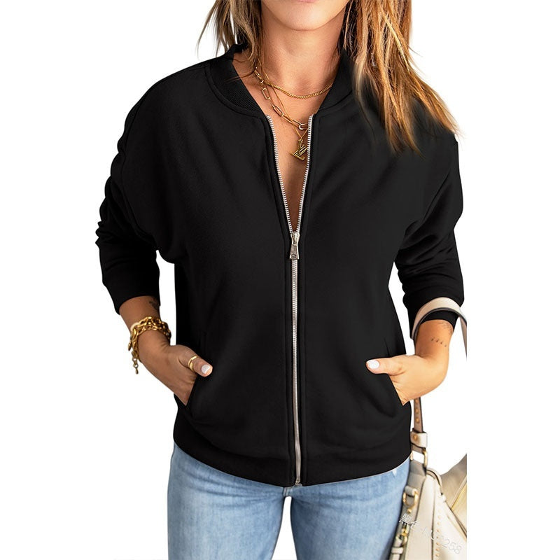 Women's Solid Color Zipper Jacket Coat Fashion Casual Cardigan Long Sleeve Stadiumjumper