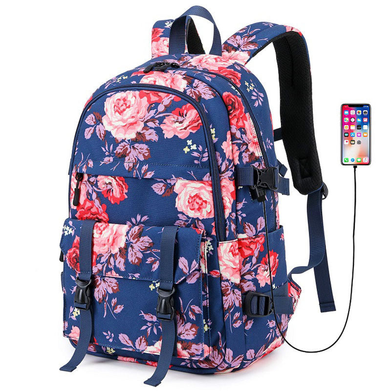 Mochila multifuncional con diseño de flores y transferencia térmica para mujer