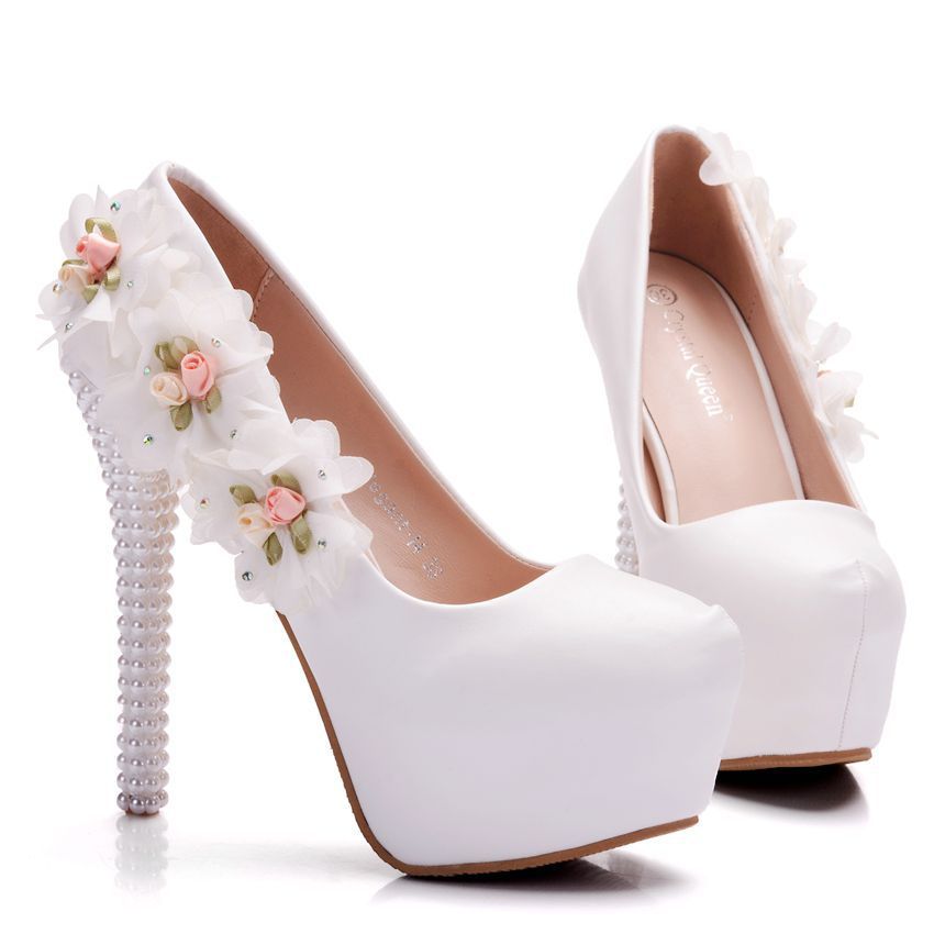 Large Size Waterproof Platform High Heel Round Toe Pearl Shoes