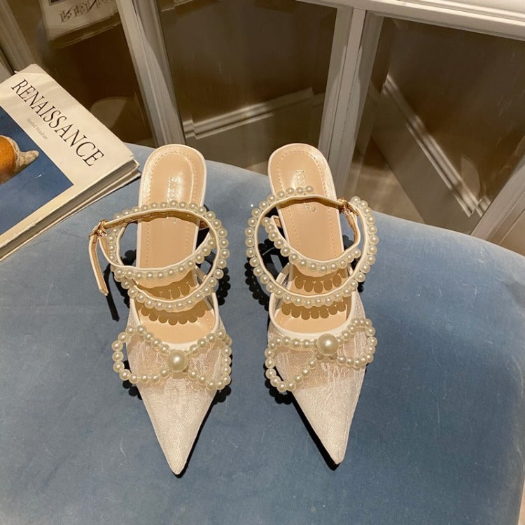 New Pointed White Pearl Lace Stiletto Sandals