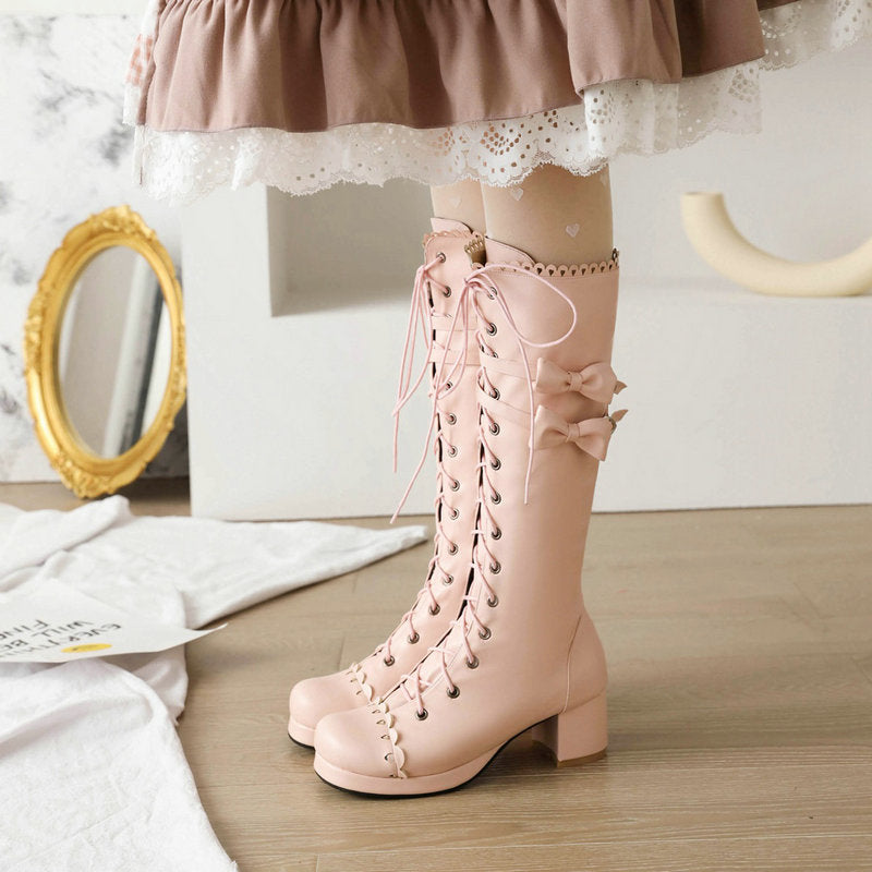 Round Head Thick High Heel Knee High Boots Lolita