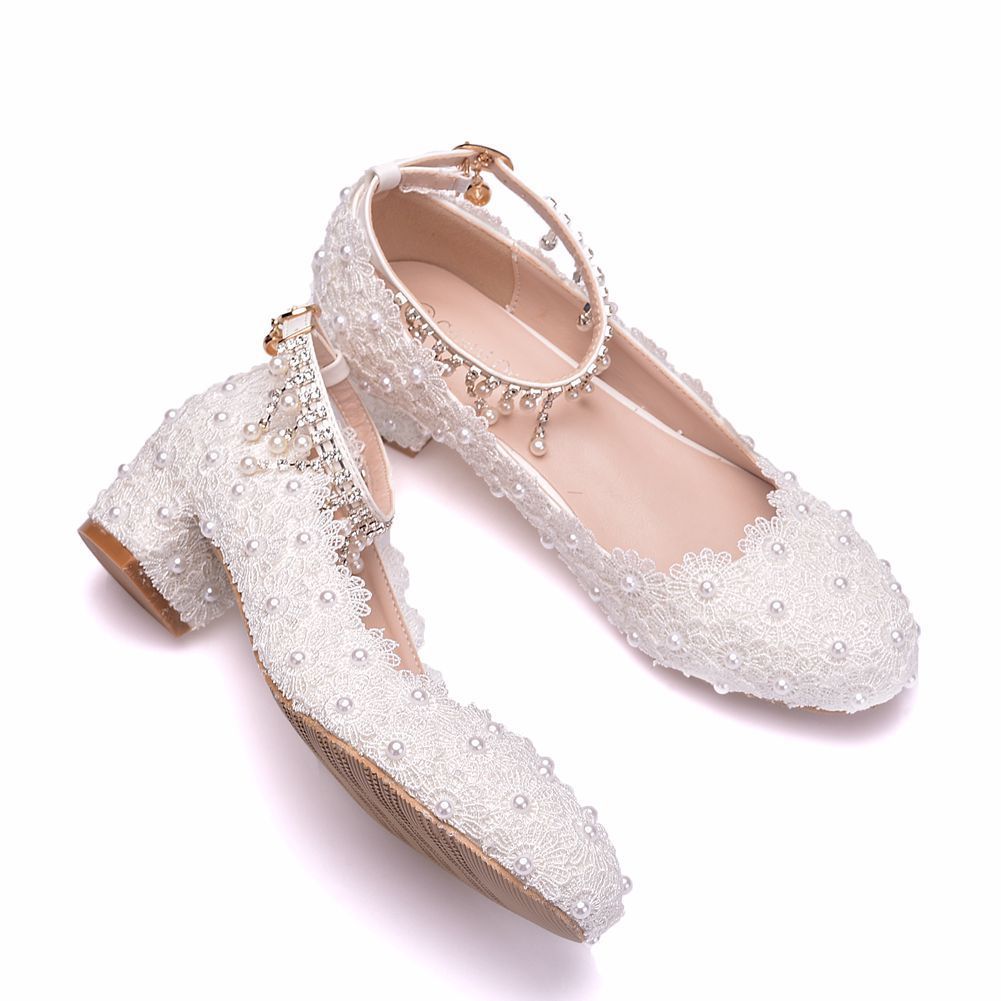 Square Heel Round Toe Pumps With White Lace Wedding Shoes Bridesmaid Shoes