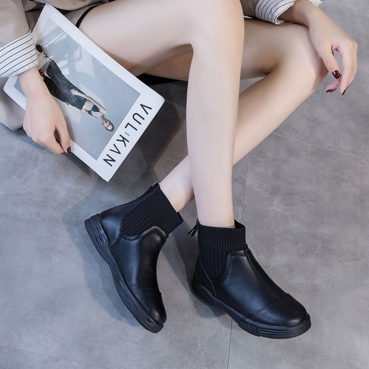 Flat Vintage Elastic Booties All-matching Fleece-lined Ankle Boots