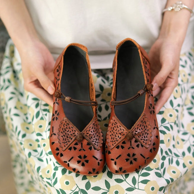 Zapatos de mujer de estilo étnico con hebilla, sandalias huecas y transpirables con flores