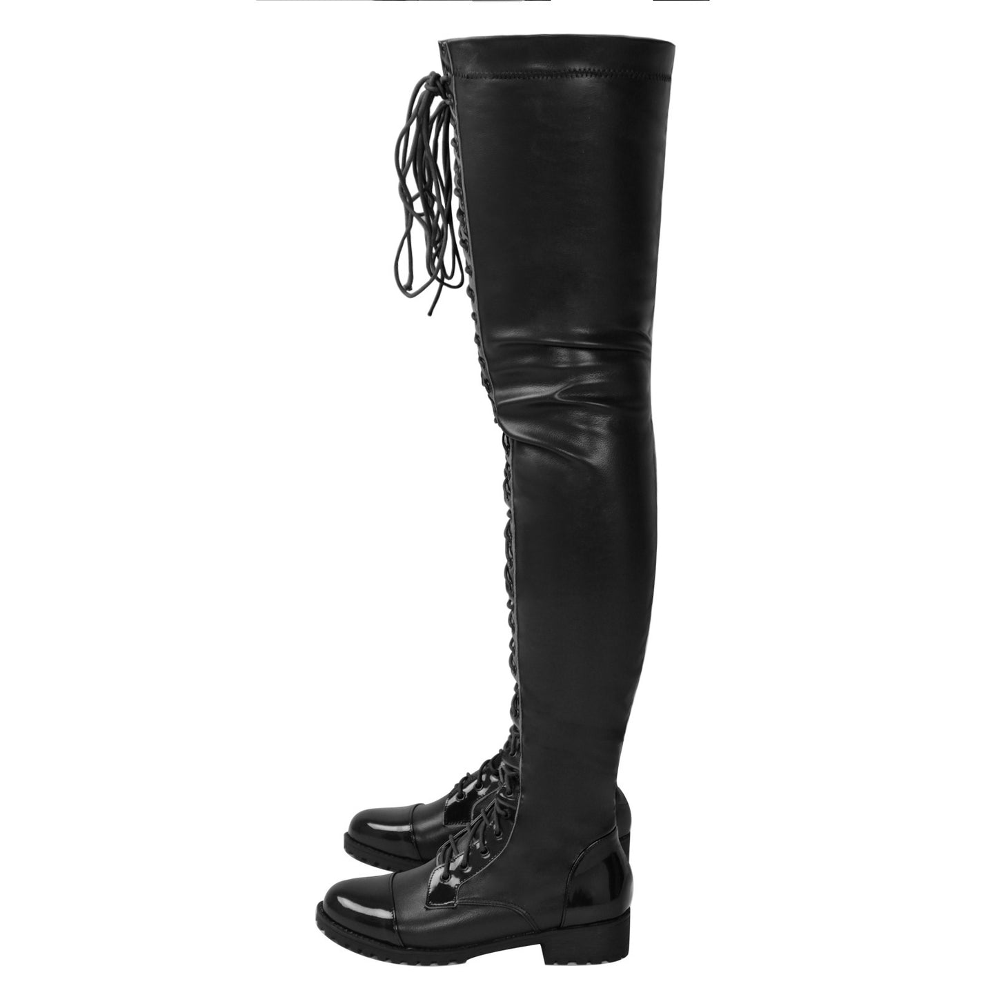 Lace-up Side Zip Low Heel Over The Knee Stockings Leather Women's Boots