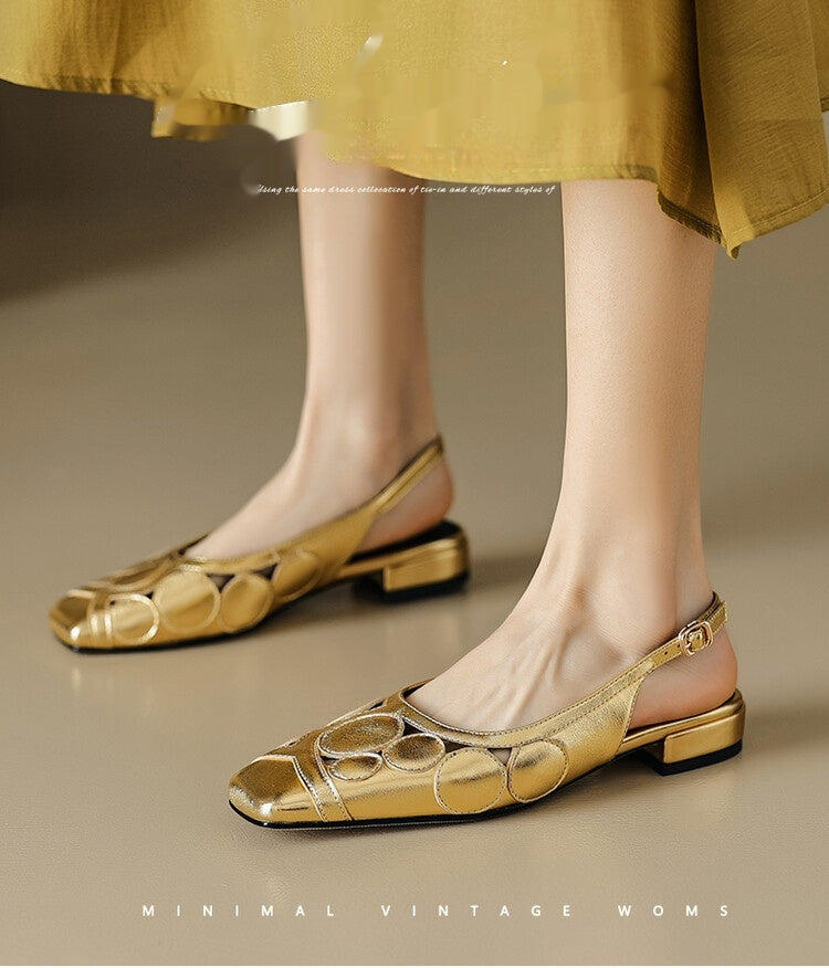 Fashion Summer New Toe Cap Female Square Toe Low Heel Back Strap Buckle Gold Silver Hollow Elegant Women's Shoes