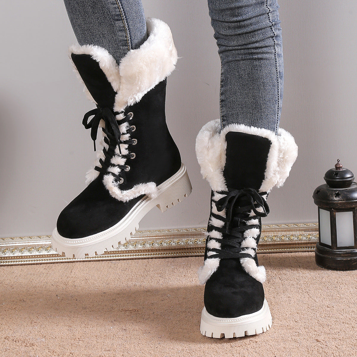 Plus Size Furry Warm Slugged Bottom Middle Women's Snow Boots