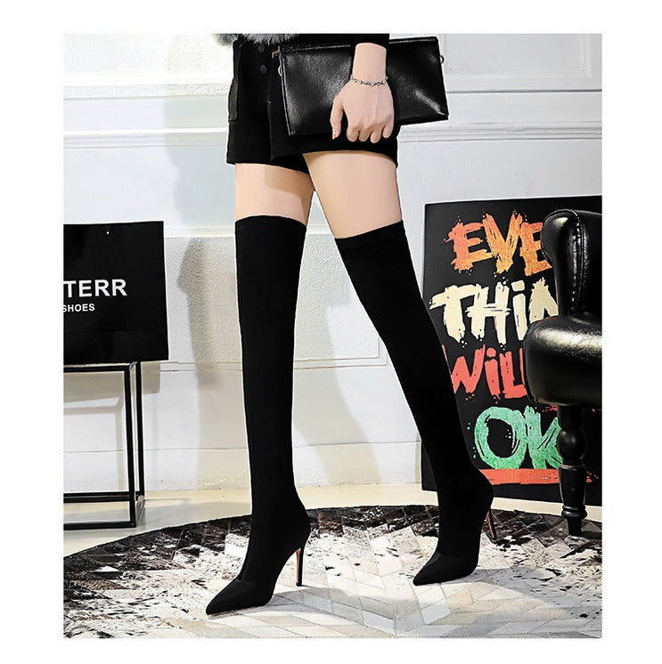 European And American Style Fashion High Heel Elastic Stiletto Heel Pointed-toe Skinny Pedicure Over-the-knee Boots