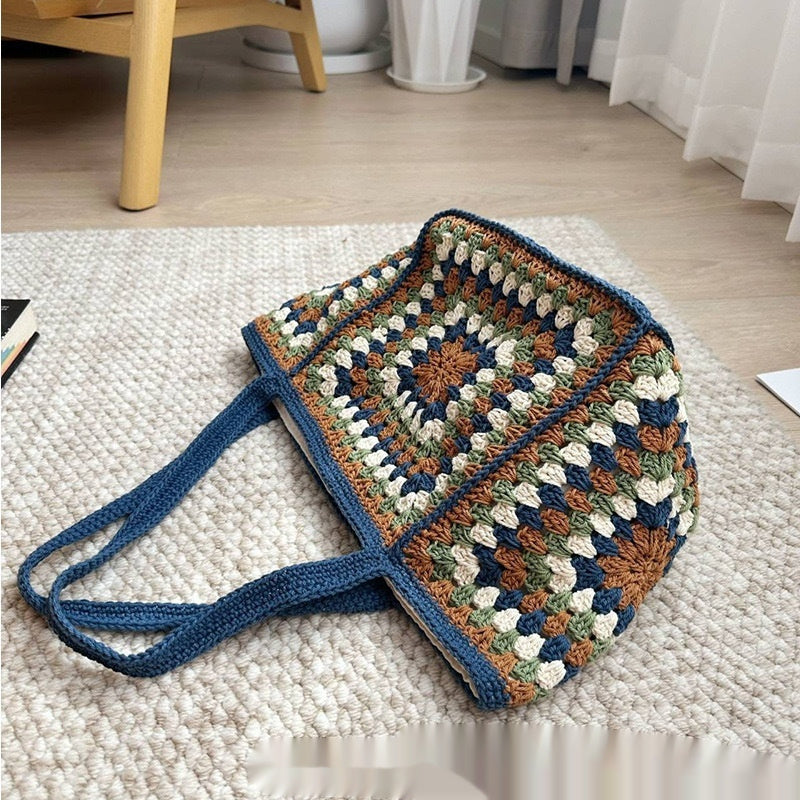 Grandma Grid Straw Bag Photo Storage