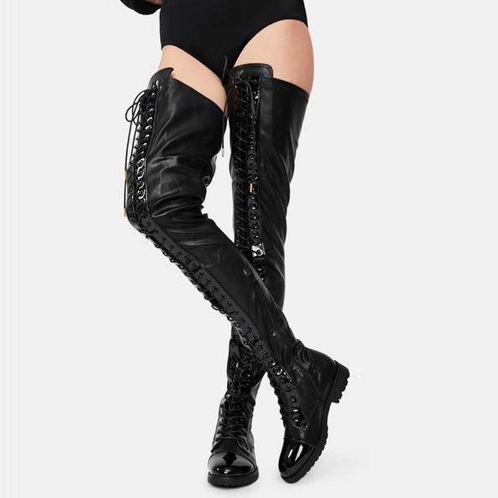 Lace-up Side Zip Low Heel Over The Knee Stockings Leather Women's Boots