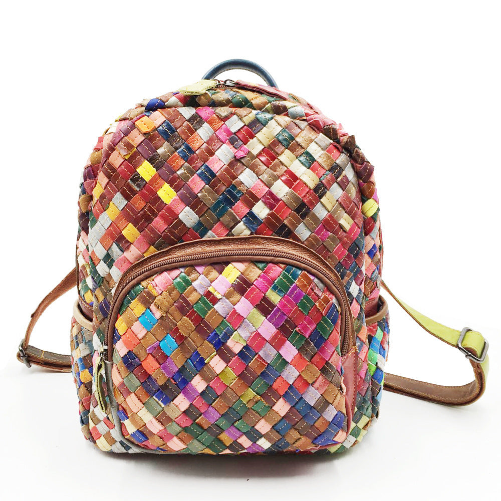 Women's Stitching Color Cowhide Hand-woven Backpack