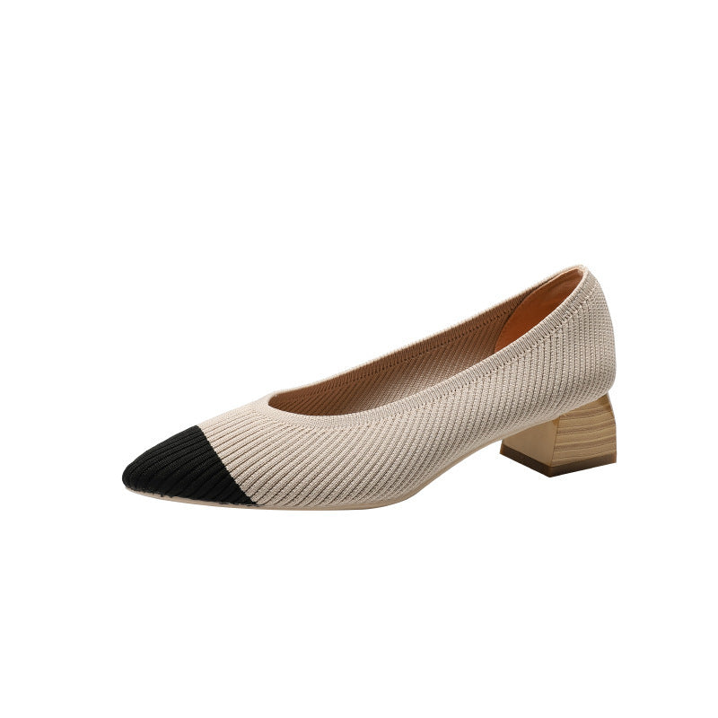 Wood Grain Thick Heel Pointed Breathable Casual Pumps