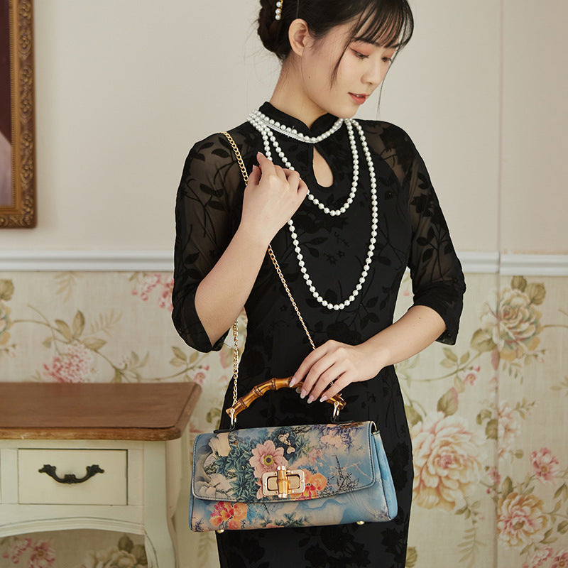 Bolso de mano antiguo de cuero estilo cheongsam retro para mujer