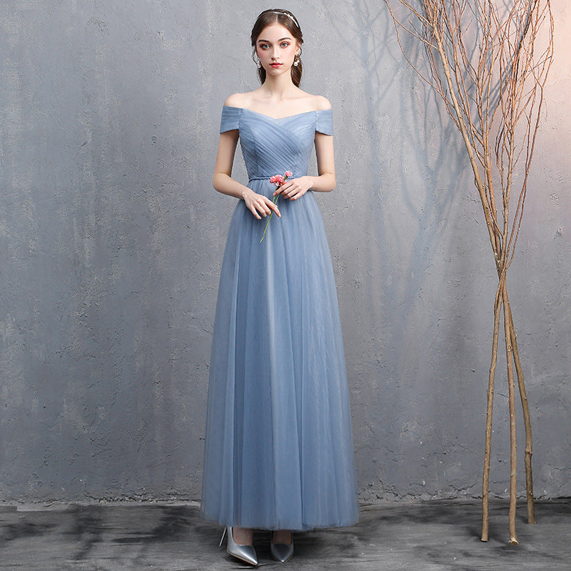 Robe de banquet à épaules dénudées gris-bleu pour femme