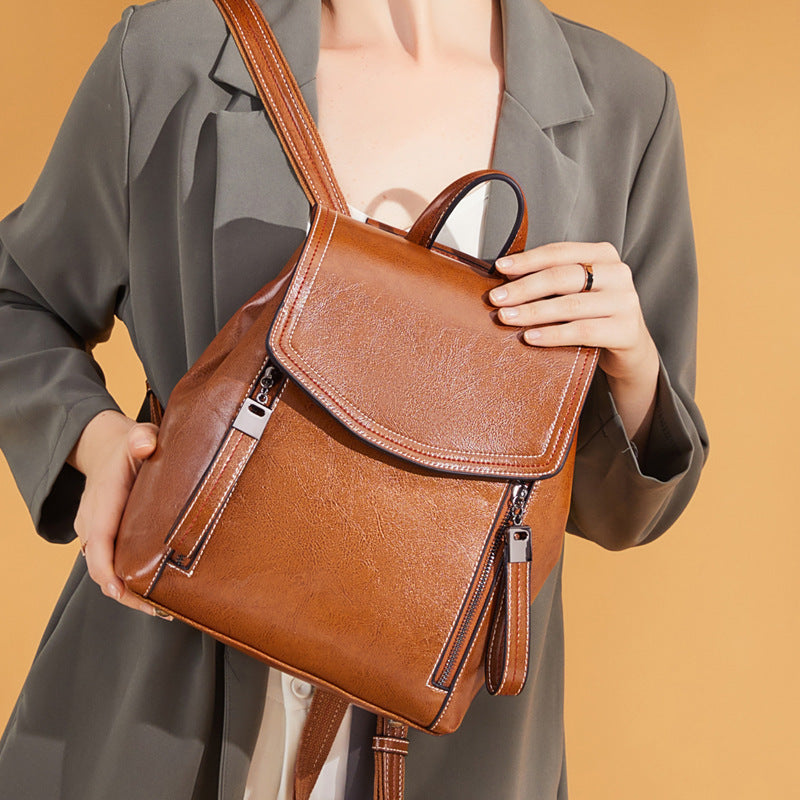 Women's New Contrast Color Versatile Leather Backpack